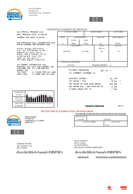 USA Florida Seco Energy business utility bill template in Word and PDF formats